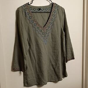 Eddie Bauer Olive Green Embroidered V-Neck Tunic